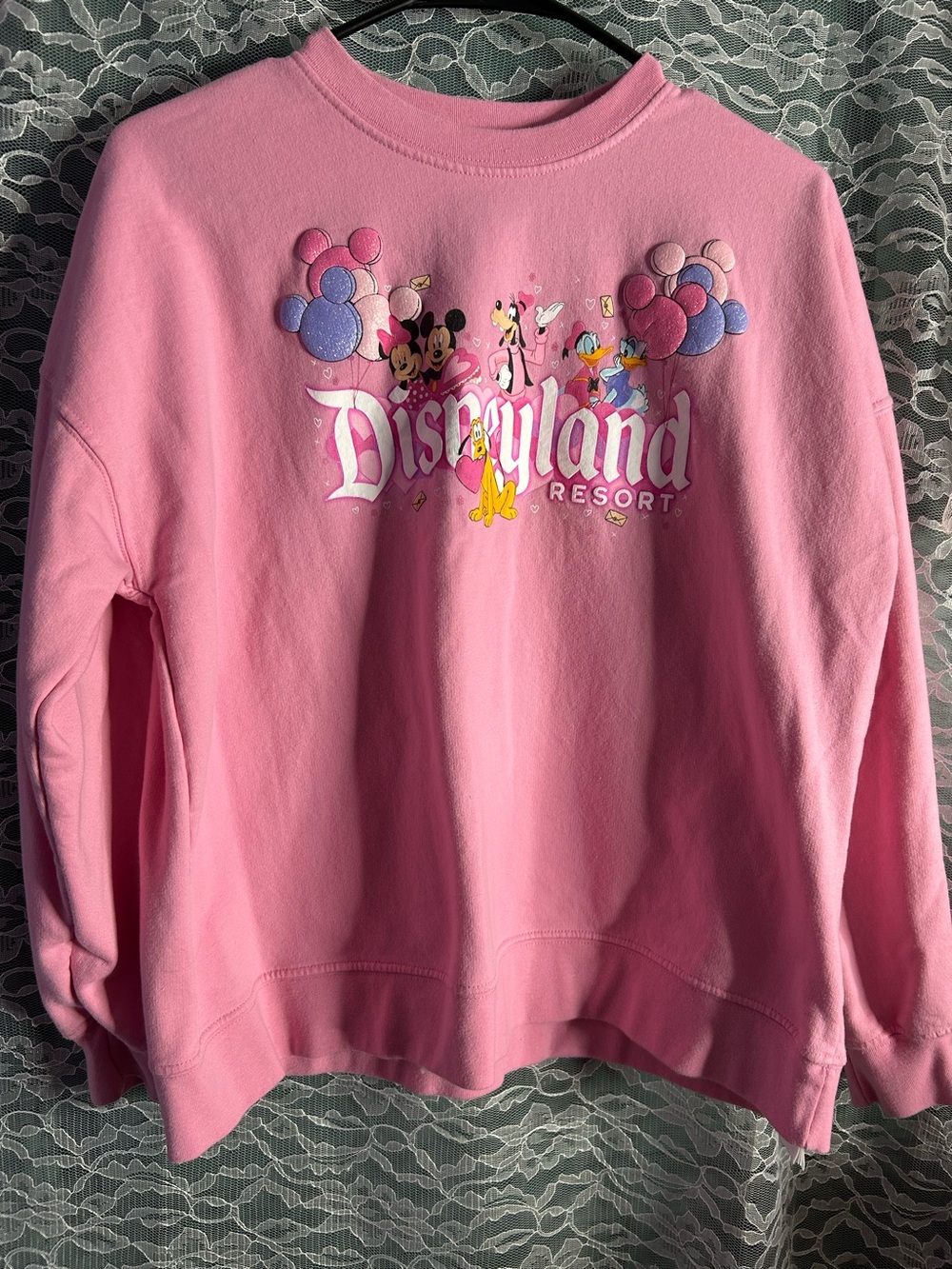 Disneyland Resort Disney Parks Pink Glitter Hearts Crewneck Sweater Oversized XS